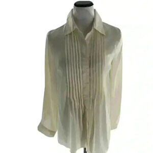 White Stag Womens White Boho Front Pleated Button Up Blouse Shirt Top Size Small